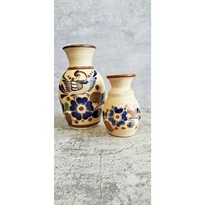 2 Vintage Mexican Tonala Pottery Vases Bird Blue Brown